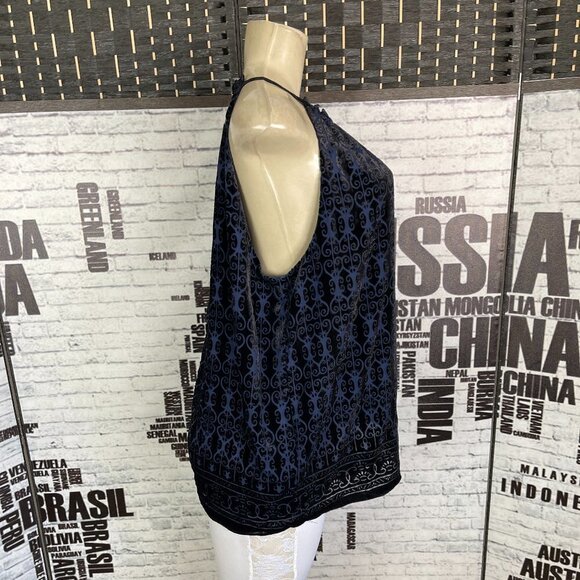 Max Studio XL Midnight Blue Flocked Geometric Print Lined High Neck Halter Top - Picture 2 of 5